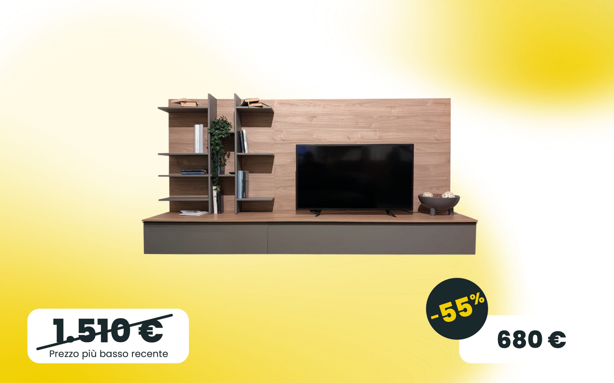 immagine parete TV con boiserie e basi contenitive in Grigio cenere e Noce biondo